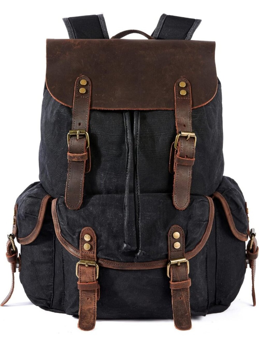 Vintage Waxed Canvas Rucksack, Leather Flap, Water-Resistant Daypack